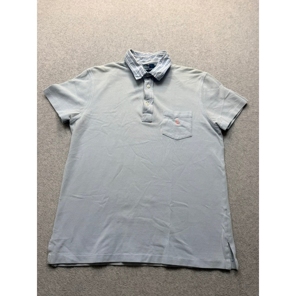 Polo Ralph Lauren Mens Light Blue Contrast Striped Collar Pocket Polo Shirt M